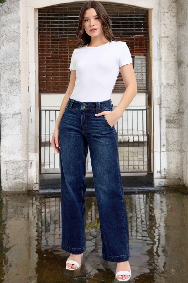 Judy Blue High Waist Double Belt Loop and Button Wide Leg Jeans