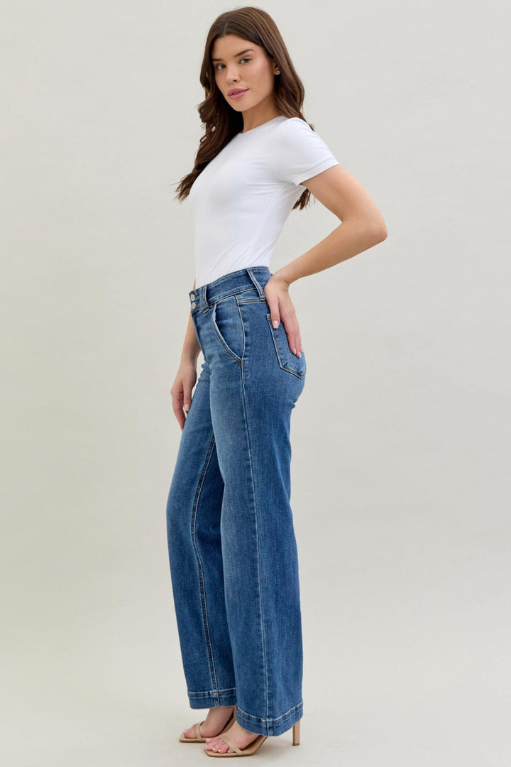 Judy Blue High Waist Double Button and Belt Loop Wide Leg Jeans