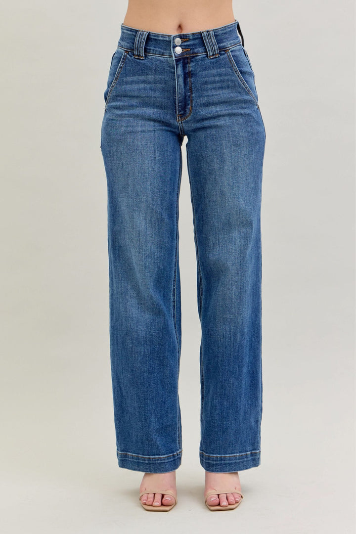 Judy Blue High Waist Double Button and Belt Loop Wide Leg Jeans