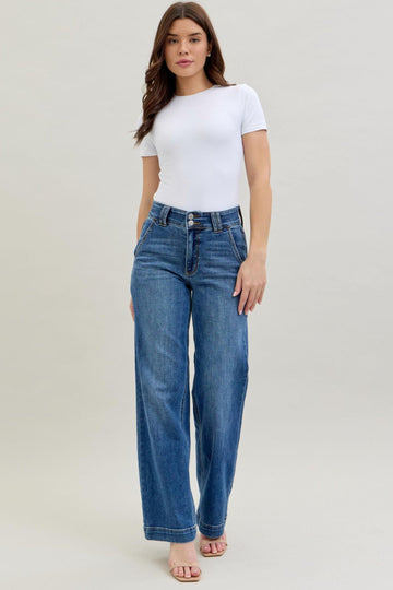 Judy Blue High Waist Double Button and Belt Loop Wide Leg Jeans