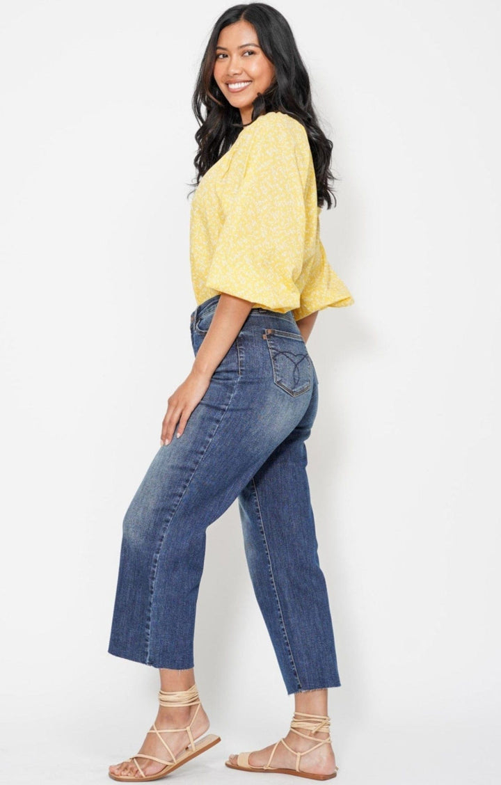 Judy Blue High Waist Embroidered Back Pocket Cropped Wide Leg Jeans