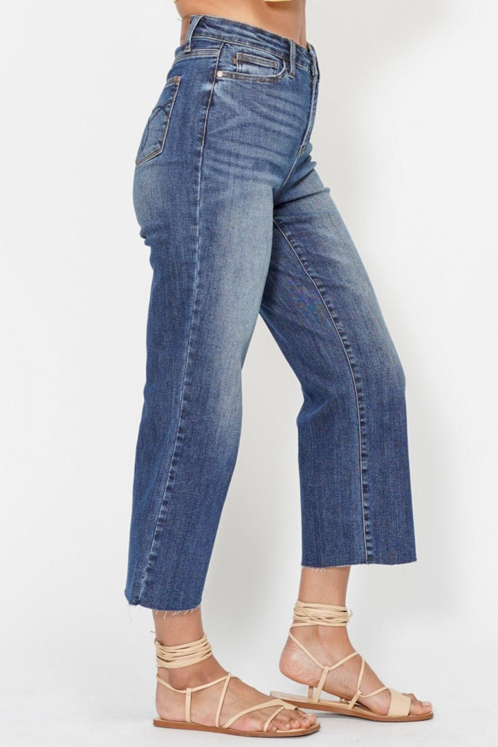 Judy Blue High Waist Embroidered Back Pocket Cropped Wide Leg Jeans