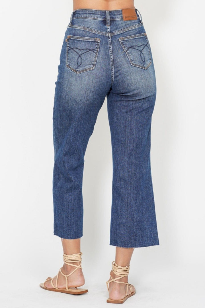 Judy Blue High Waist Embroidered Back Pocket Cropped Wide Leg Jeans