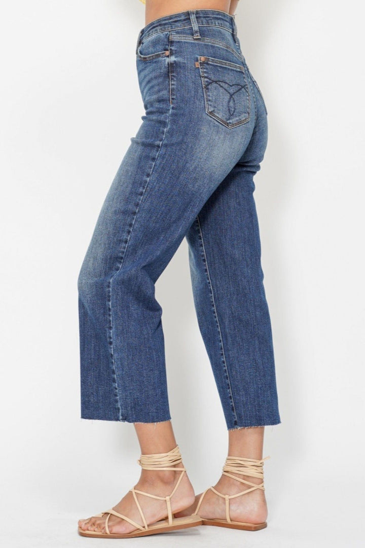 Judy Blue High Waist Embroidered Back Pocket Cropped Wide Leg Jeans