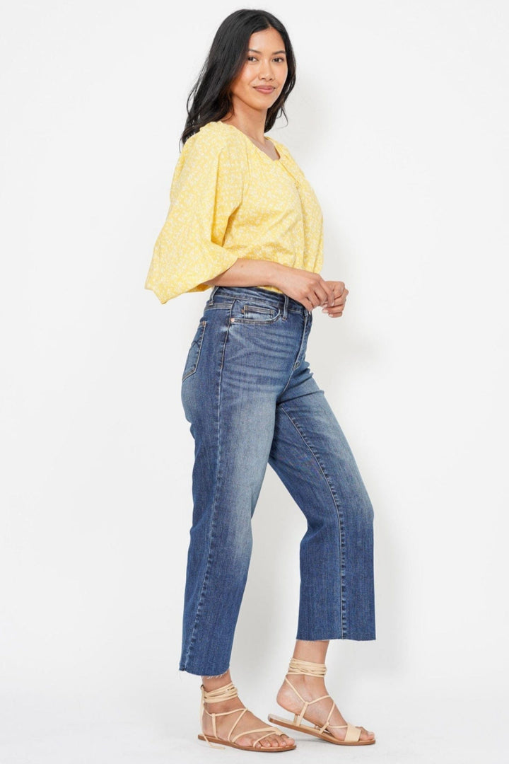 Judy Blue High Waist Embroidered Back Pocket Cropped Wide Leg Jeans
