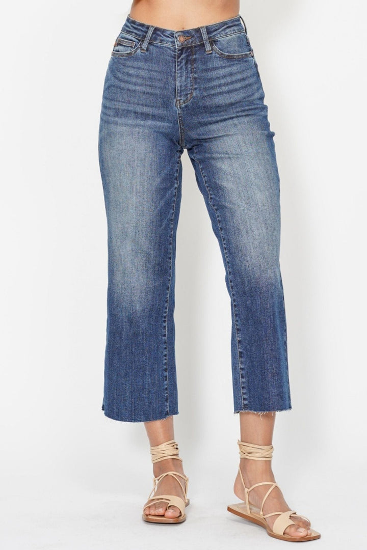 Judy Blue High Waist Embroidered Back Pocket Cropped Wide Leg Jeans