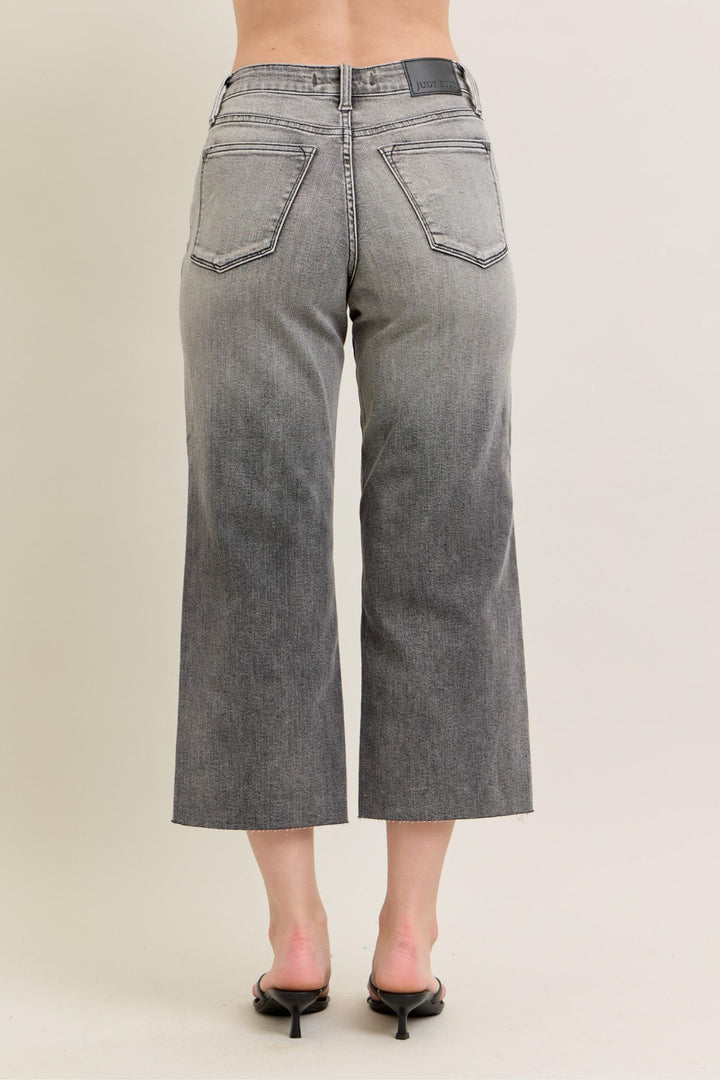 Judy Blue High Waist Grey Wash Front Pocket Embroidered Wide Cropped Leg Denim Jeans