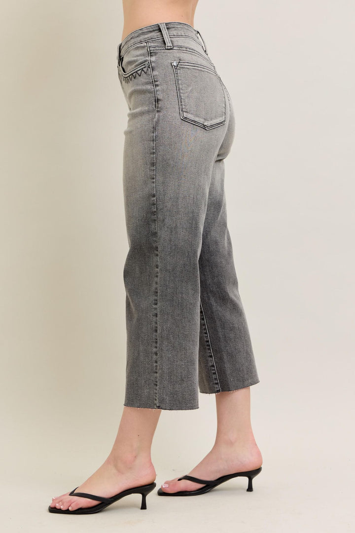 Judy Blue High Waist Grey Wash Front Pocket Embroidered Wide Cropped Leg Denim Jeans