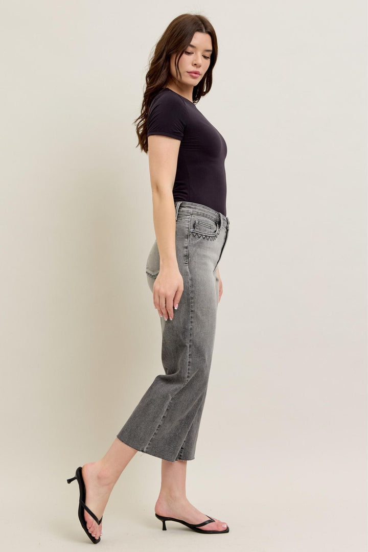 Judy Blue High Waist Grey Wash Front Pocket Embroidered Wide Cropped Leg Denim Jeans