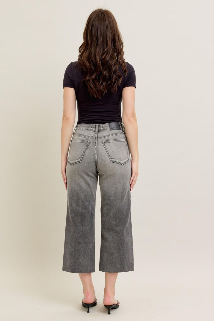 Judy Blue High Waist Grey Wash Front Pocket Embroidered Wide Cropped Leg Denim Jeans