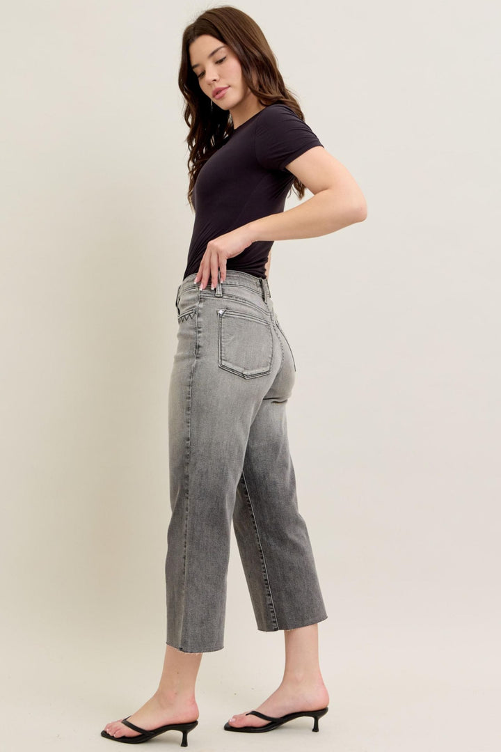 Judy Blue High Waist Grey Wash Front Pocket Embroidered Wide Cropped Leg Denim Jeans