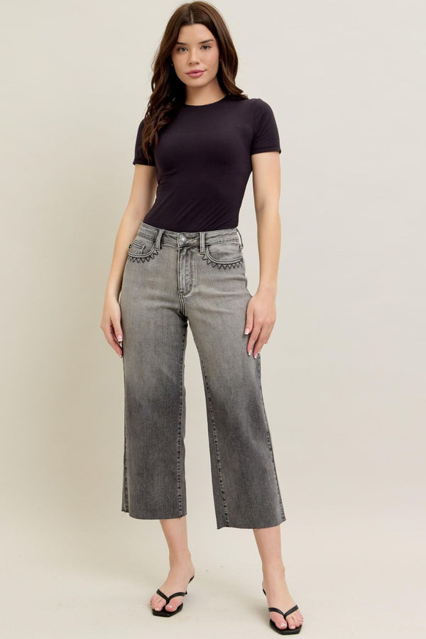 Judy Blue High Waist Grey Wash Front Pocket Embroidered Wide Cropped Leg Denim Jeans