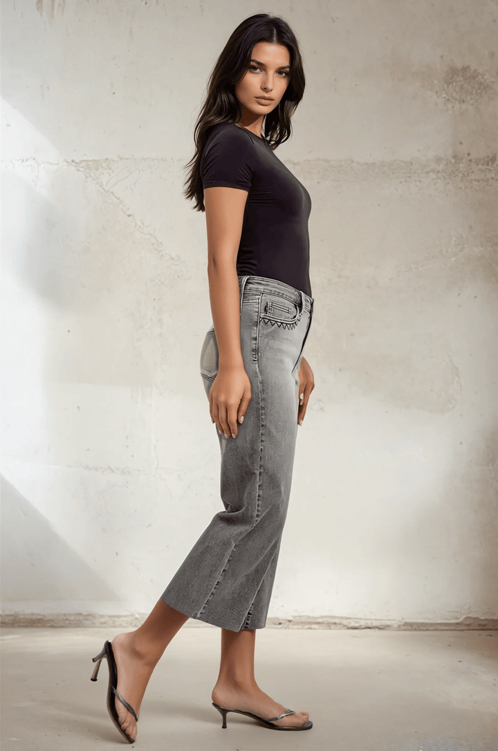 Judy Blue High Waist Grey Wash Front Pocket Embroidered Wide Cropped Leg Denim Jeans