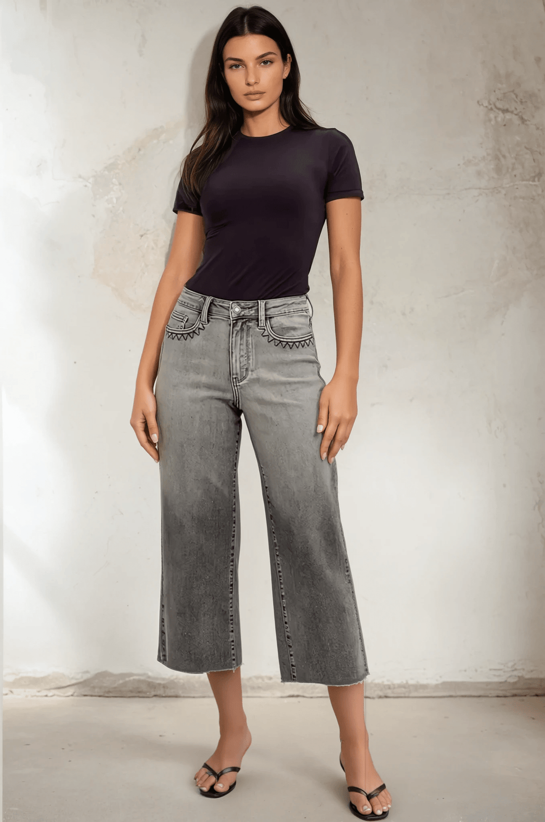Judy Blue High Waist Grey Wash Front Pocket Embroidered Wide Cropped Leg Denim Jeans