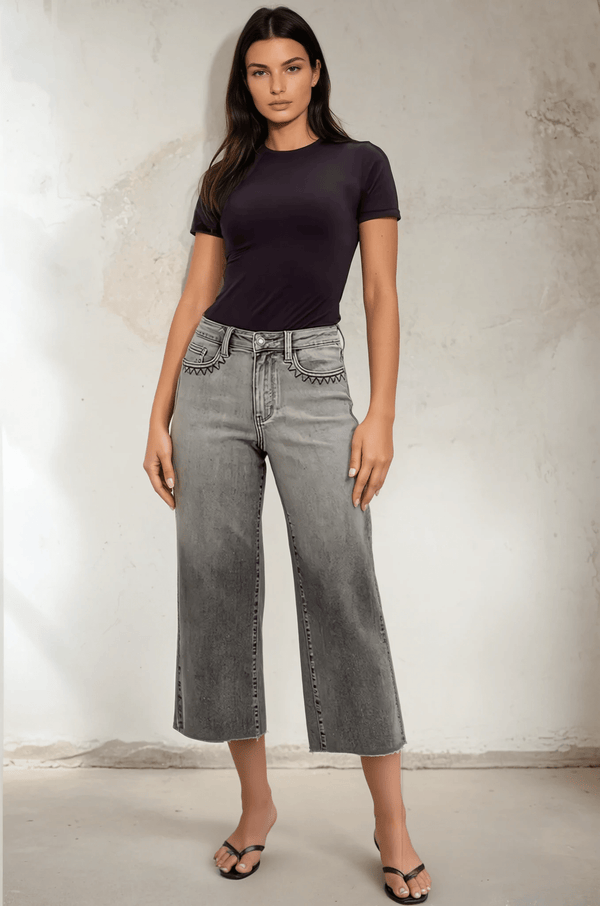 Judy Blue High Waist Grey Wash Front Pocket Embroidered Wide Cropped Leg Denim Jeans