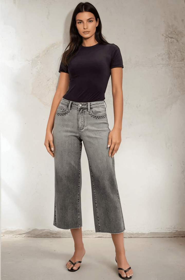 Judy Blue High Waist Grey Wash Front Pocket Embroidered Wide Cropped Leg Denim Jeans