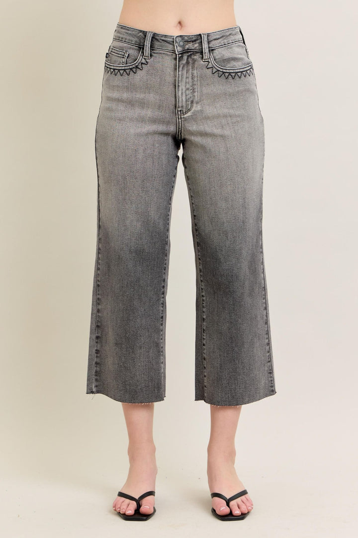 Judy Blue High Waist Grey Wash Front Pocket Embroidered Wide Cropped Leg Denim Jeans