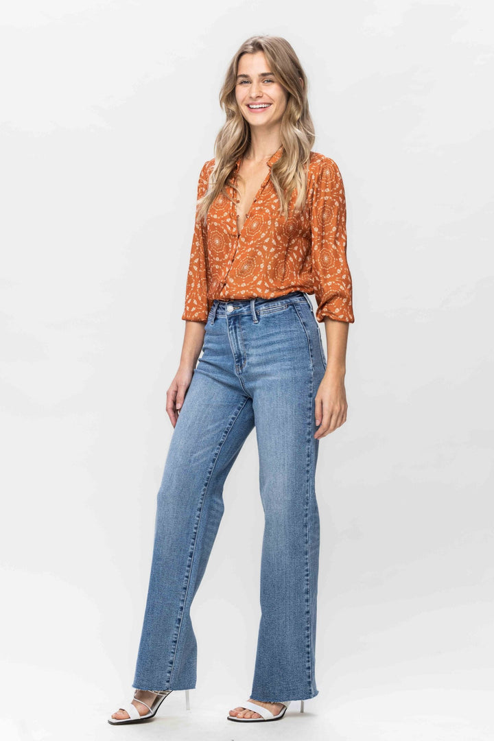 Judy Blue High Waist Raw Hem Trouser Wide Leg