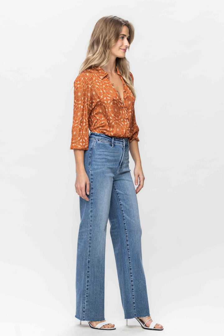 Judy Blue High Waist Raw Hem Trouser Wide Leg