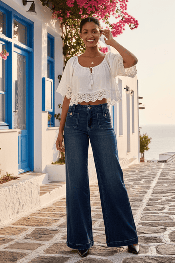 Judy Blue Lux High Waist Retro Wide Jeans with Tab Closure Pockets