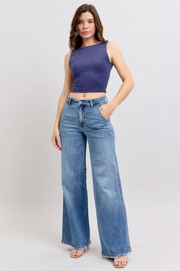 Judy Blue High Waist Retro Wide Leg Jeans with Light Distressing