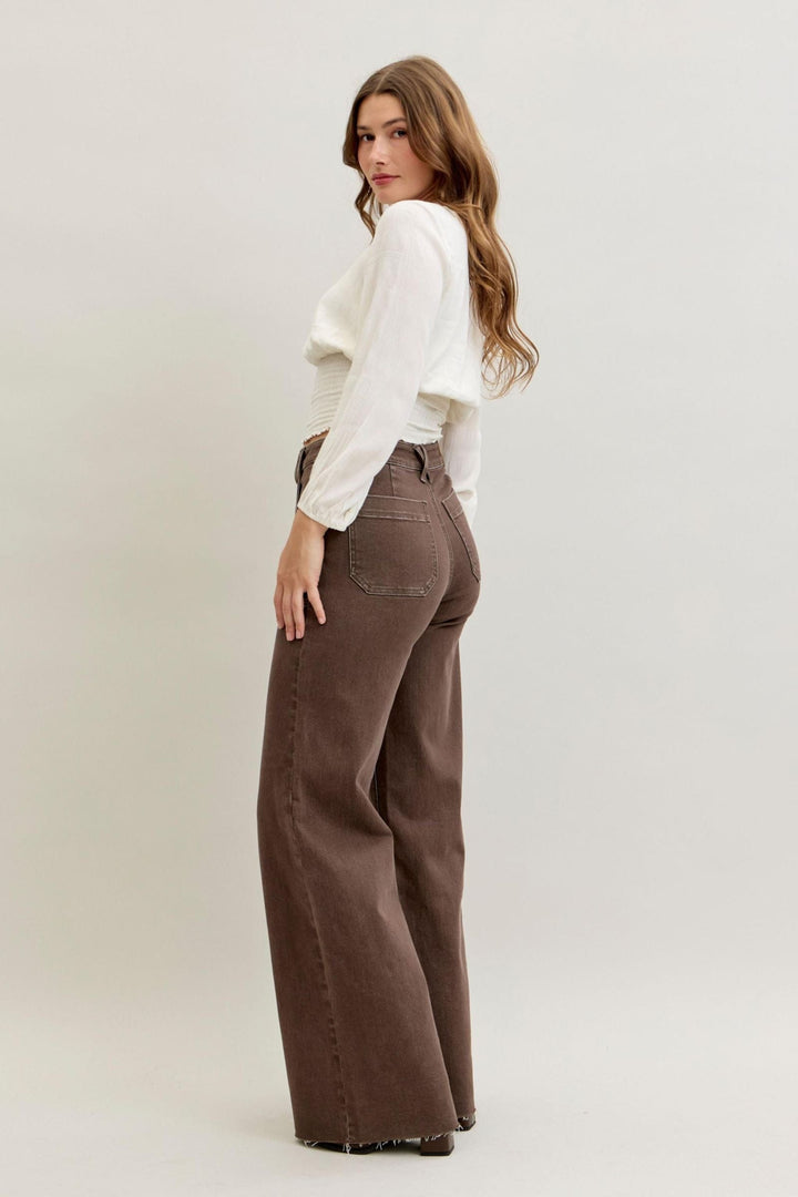 Judy Blue High Waist Retro Wide Leg Yarn Dyed Front Patch Pockets
