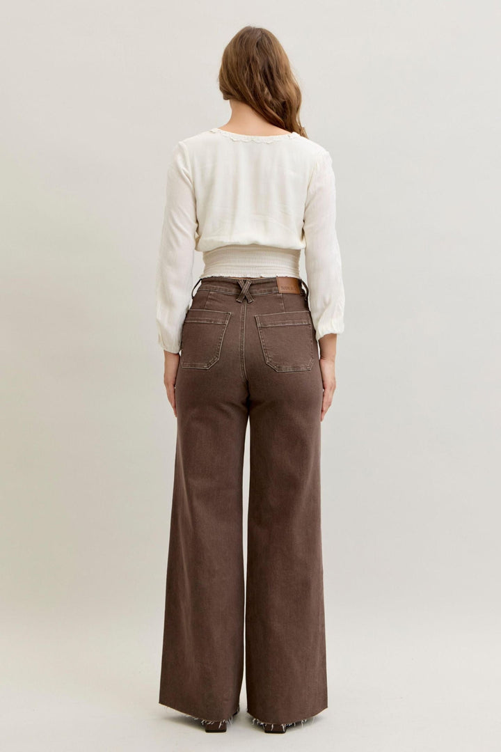 Judy Blue High Waist Retro Wide Leg Yarn Dyed Front Patch Pockets