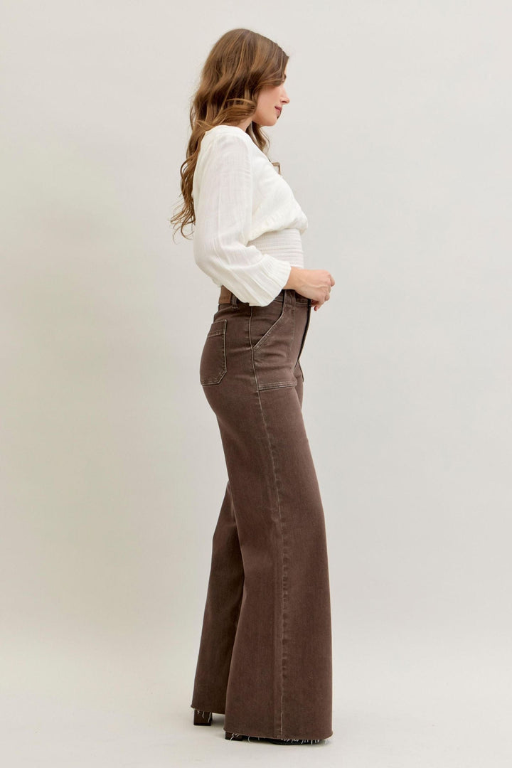 Judy Blue High Waist Retro Wide Leg Yarn Dyed Front Patch Pockets