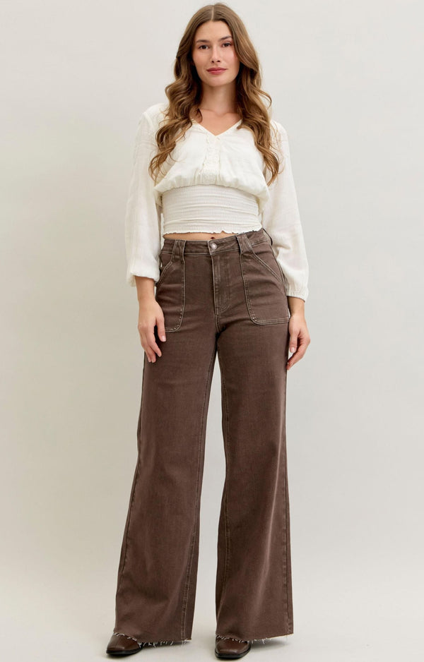 Judy Blue High Waist Retro Wide Leg Yarn Dyed Front Patch Pockets