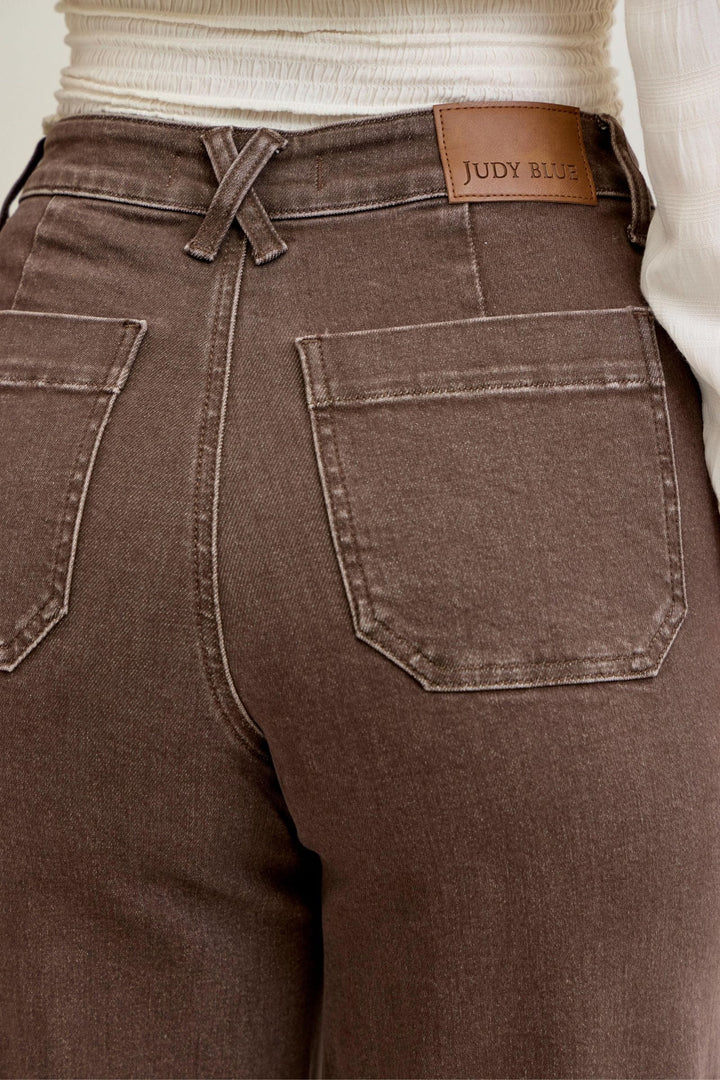 Judy Blue High Waist Retro Wide Leg Yarn Dyed Front Patch Pockets