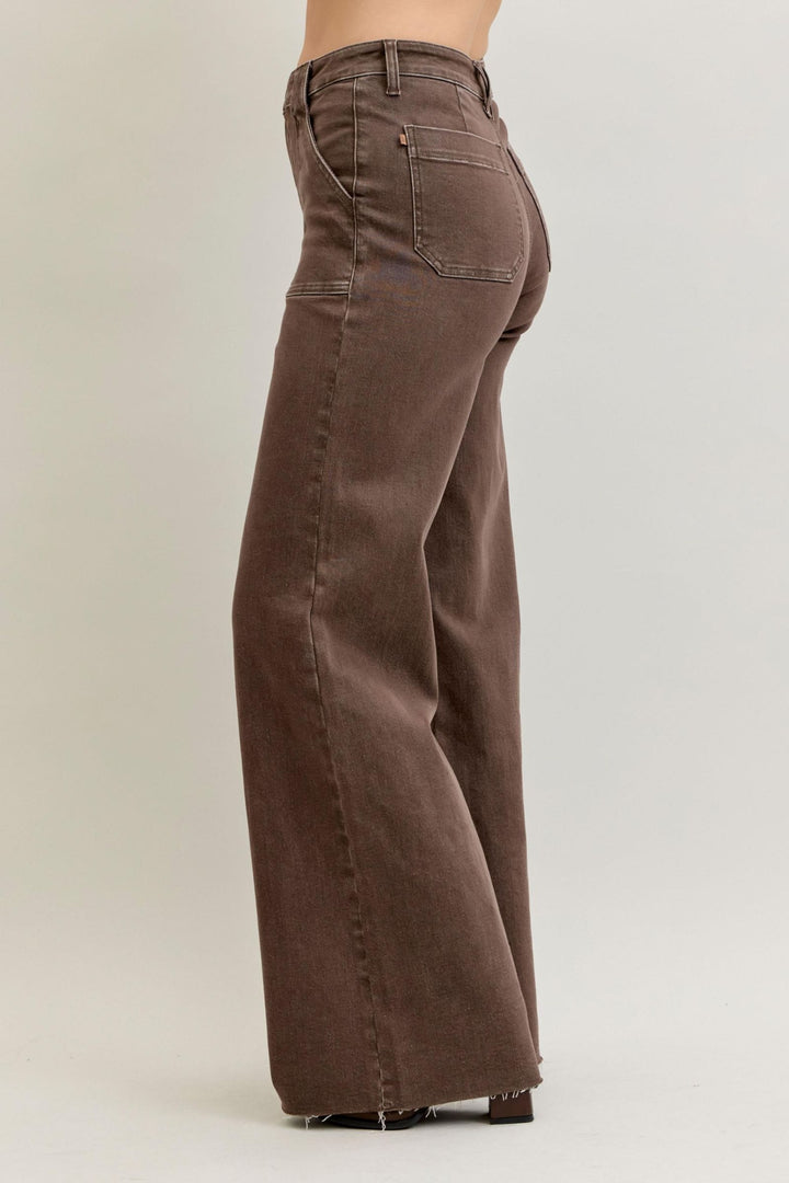 Judy Blue High Waist Retro Wide Leg Yarn Dyed Front Patch Pockets