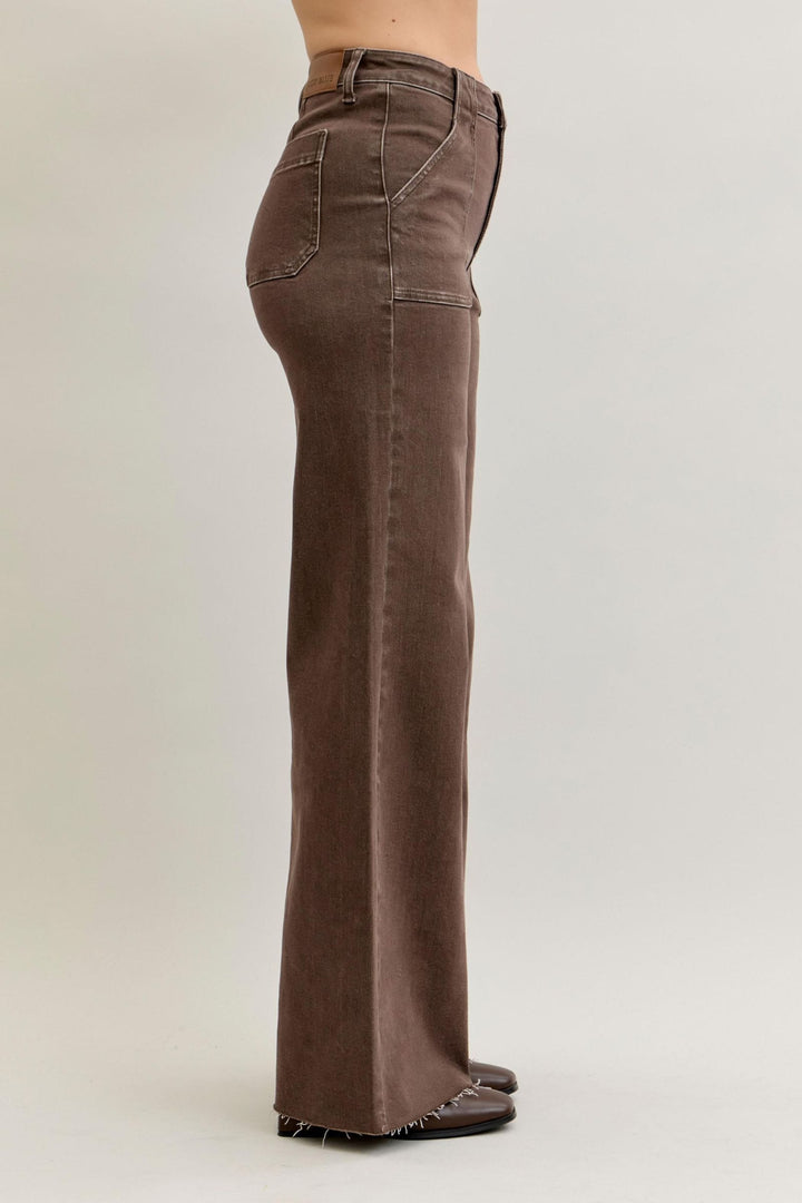 Judy Blue High Waist Retro Wide Leg Yarn Dyed Front Patch Pockets