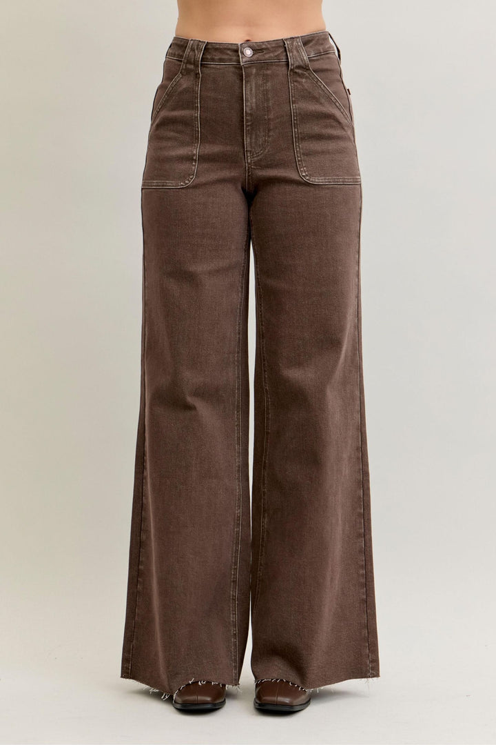 Judy Blue High Waist Retro Wide Leg Yarn Dyed Front Patch Pockets