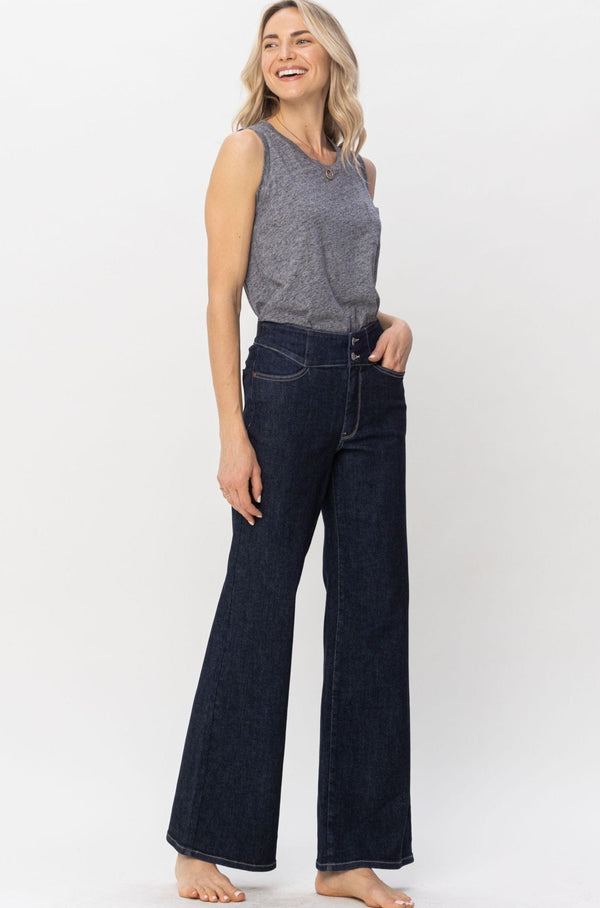Judy Blue High Waist Rinse Geometric Waistband and Pocket Embroidery Wide Leg Jeans