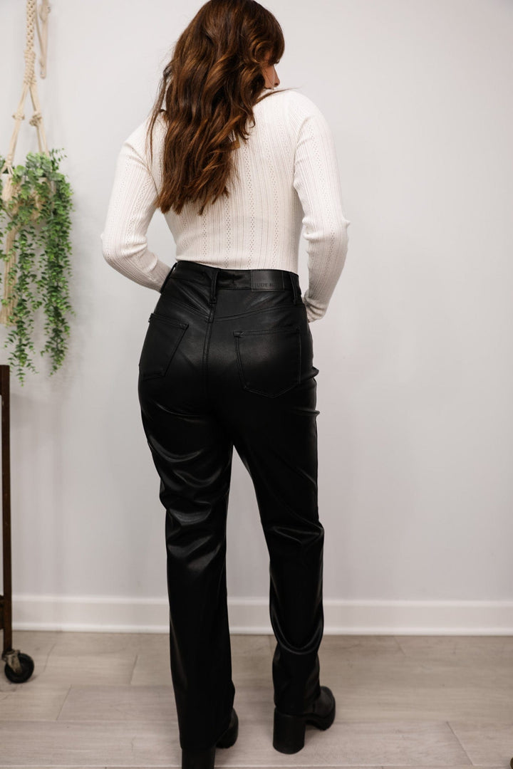 Judy Blue Black High Waist Tummy Control Leather Straight Leg Pants -  Boujee Boutique