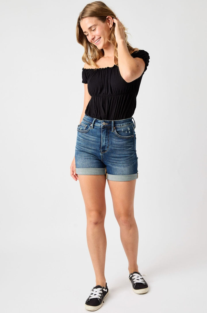 The Lucy from Judy Blue: High-Rise Tummy Control Vintage Wash Cuffed Shorts