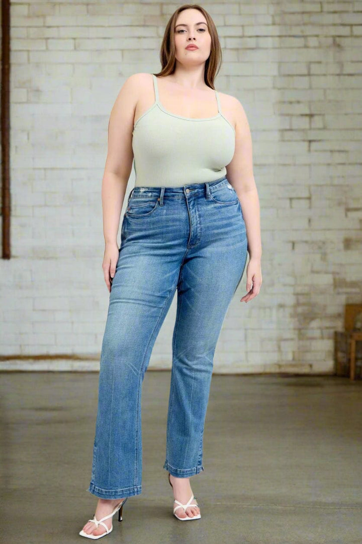 Judy Blue High Waist Tummy Control Vintage Wash Side Slit Slim Bootcut Jeans