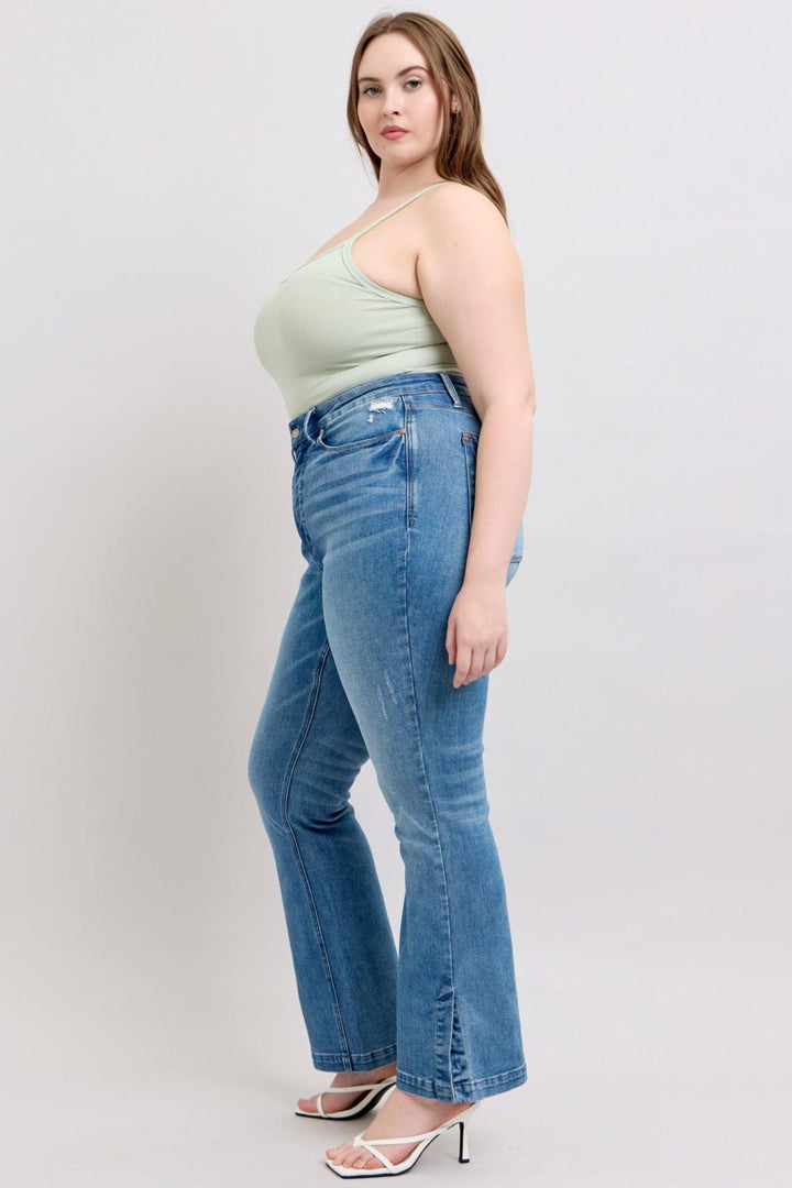 Judy Blue High Waist Tummy Control Vintage Wash Side Slit Slim Bootcut Jeans