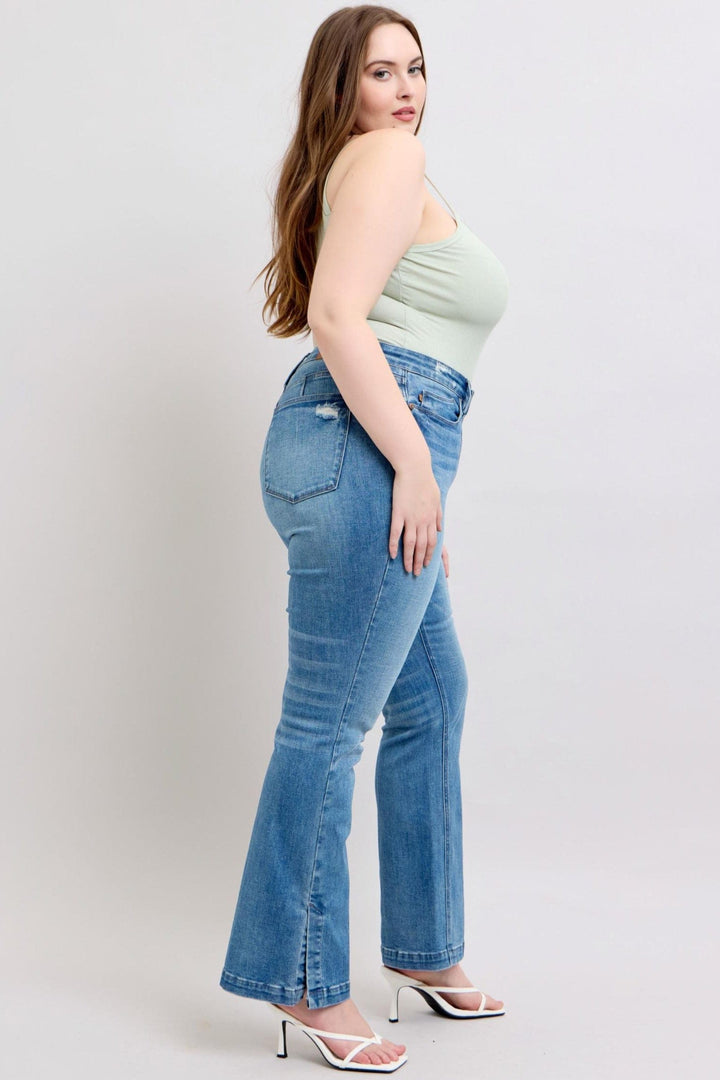 Judy Blue High Waist Tummy Control Vintage Wash Side Slit Slim Bootcut Jeans