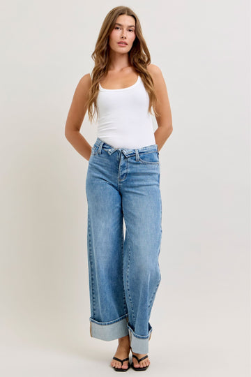 Judy Blue Mid Rise Straight Leg Fold Over Waistband Jeans