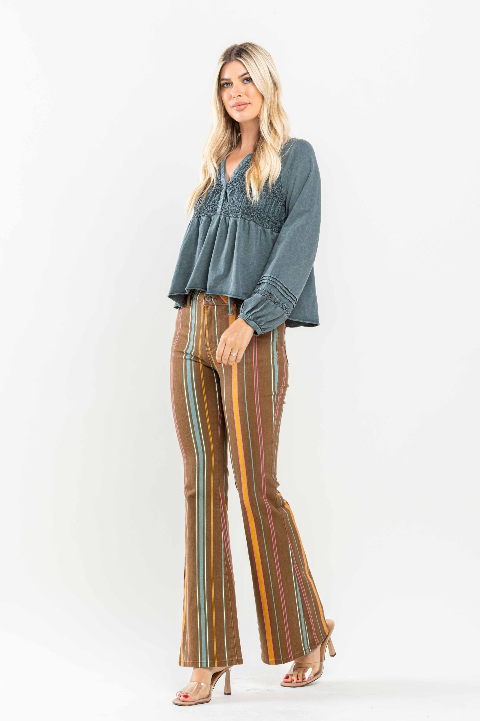 Judy Blue Mid Rise Stretch Striped Flare Jeans