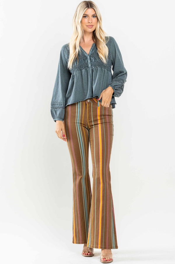 Judy Blue Mid Rise Stretch Striped Flare Jeans