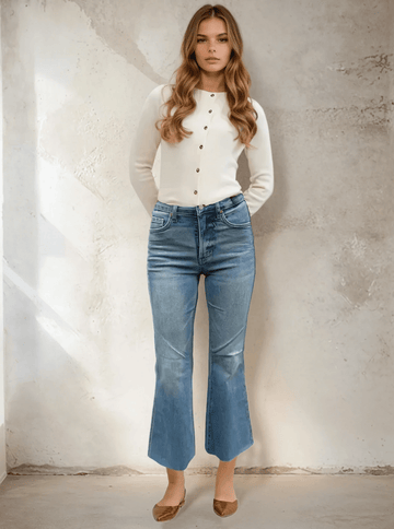 Judy Blue Mid Rise Tummy Control Frayed Hem Washed Shield Pocket Jeans