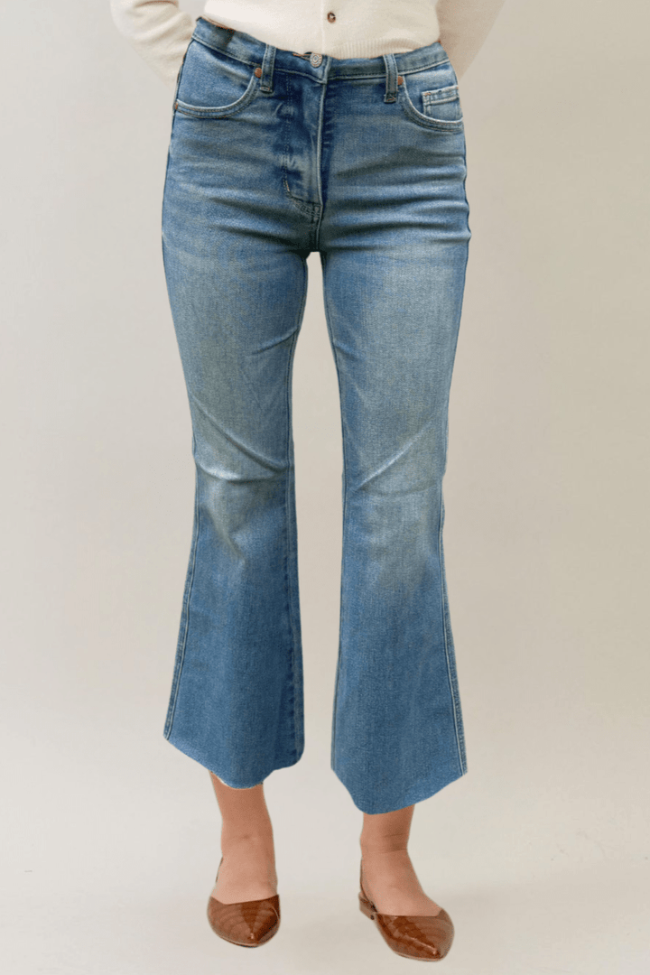Judy Blue Mid Rise Tummy Control Frayed Hem Washed Shield Pocket Jeans