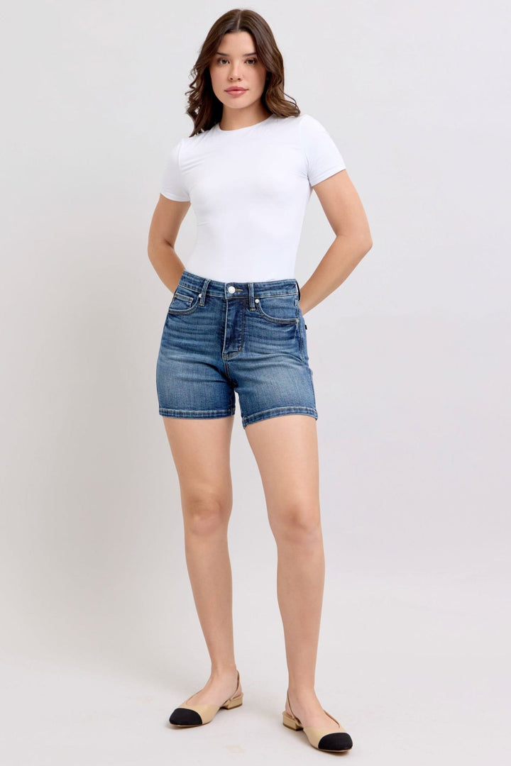 Judy Blue Mid Rise Tummy Control Mid Length Shorts