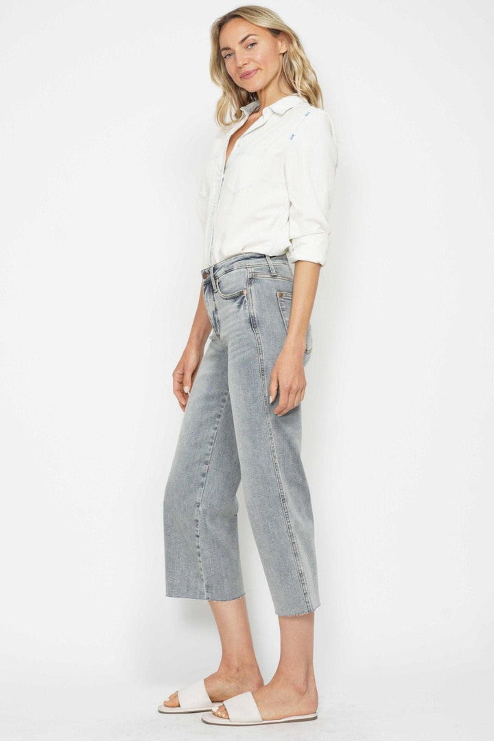 Judy Blue Mid Rise Tummy Control Raw Hem Cropped Wide Leg Jeans