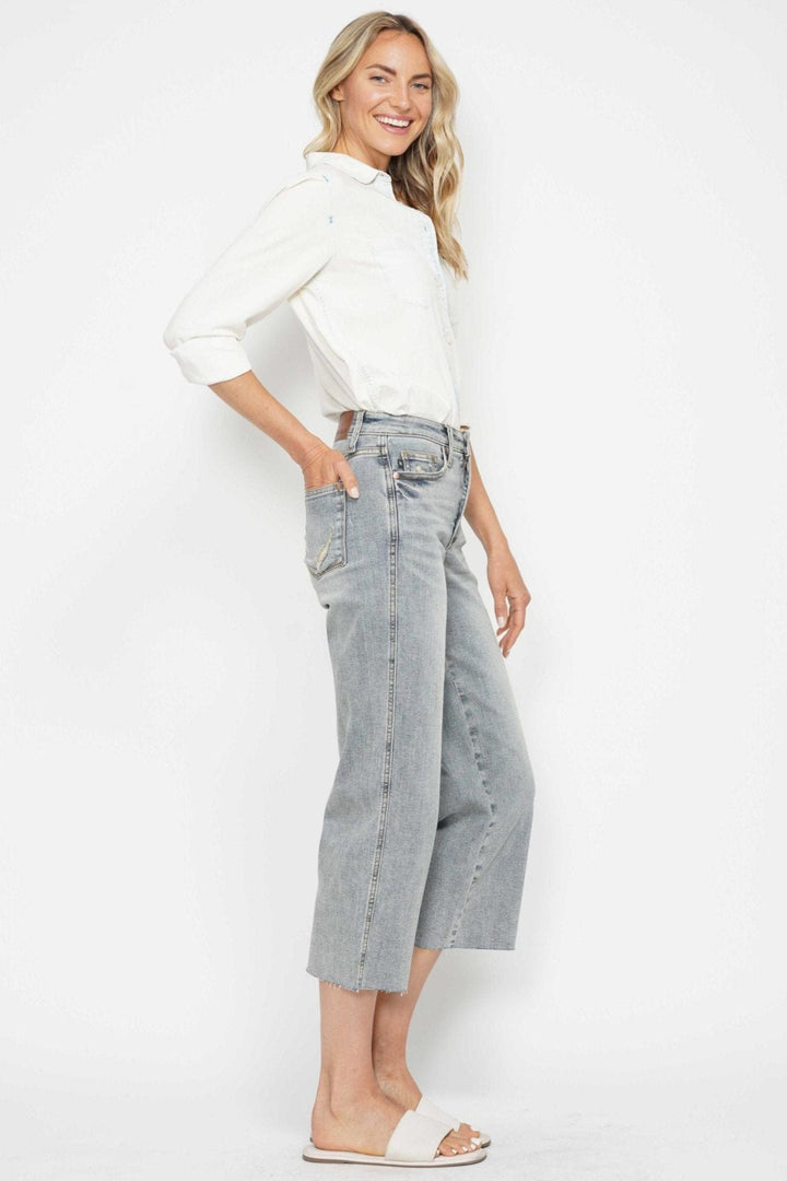 Judy Blue Mid Rise Tummy Control Raw Hem Cropped Wide Leg Jeans