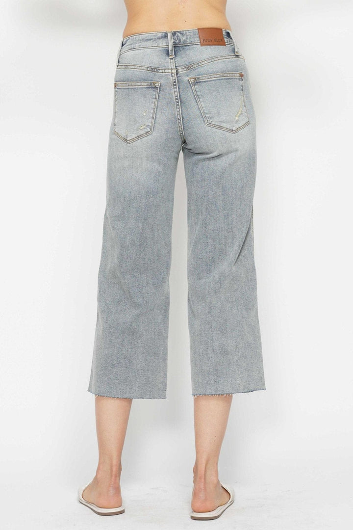 Judy Blue Mid Rise Tummy Control Raw Hem Cropped Wide Leg Jeans