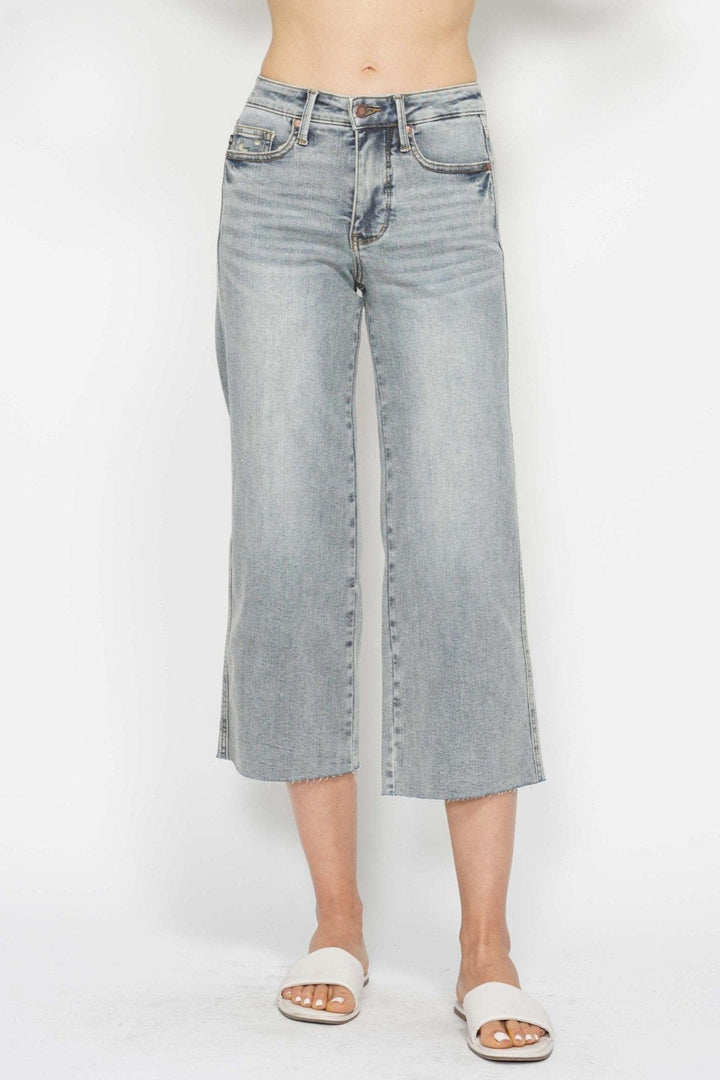 Judy Blue Mid Rise Tummy Control Raw Hem Cropped Wide Leg Jeans