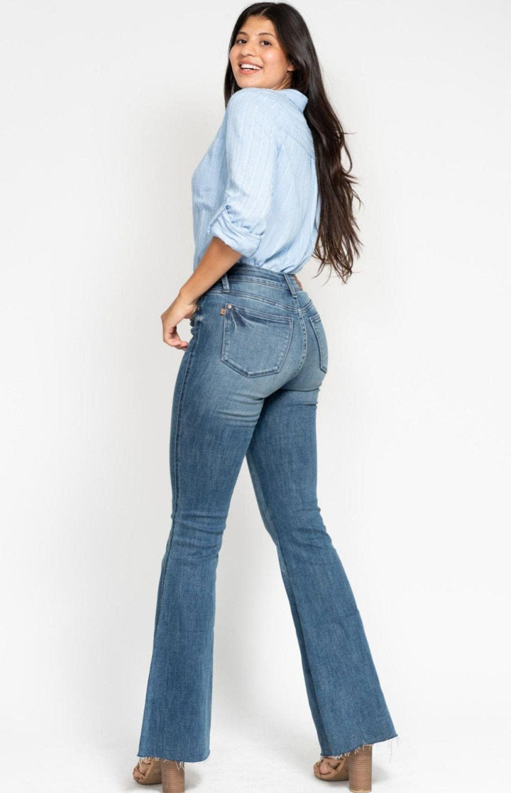 Judy Blue Mid Rise Tummy Control Vintage Wash Cut Hem Flare Leg Jeans